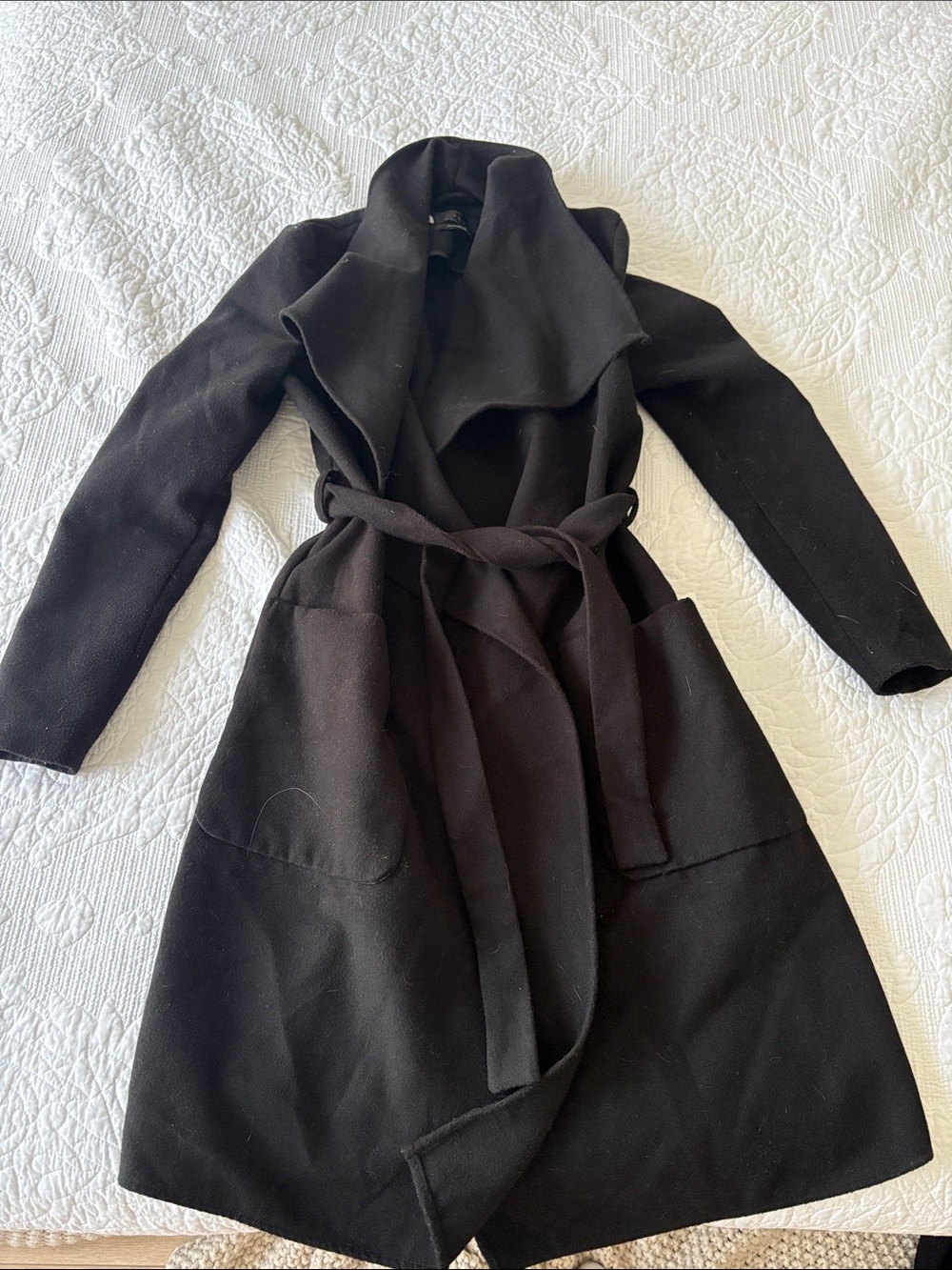 Only Black Long Sleeve Wrap Belted Dress Coat